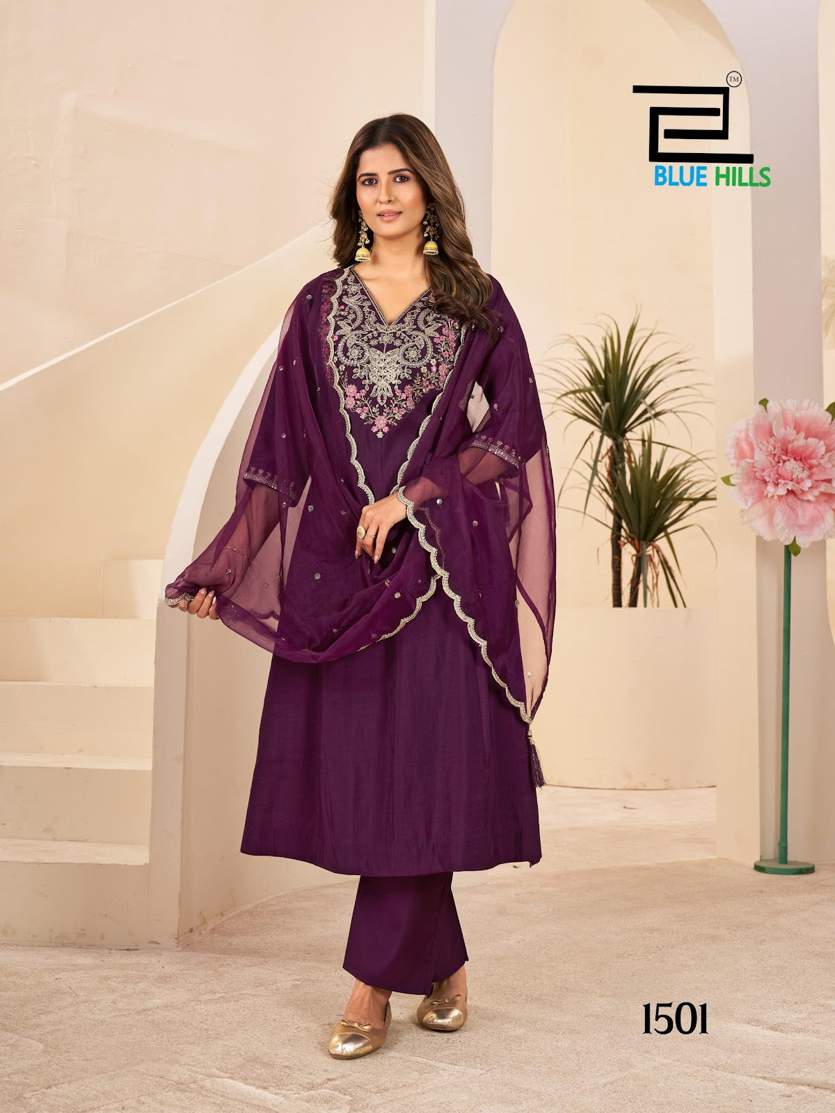 Taj Mahal Vol 15 Blue Hills Roman Silk Readymade Anarkali Suits Wholesale Rate