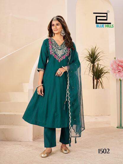 Taj Mahal Vol 15 Blue Hills Roman Silk Readymade Anarkali Suits Wholesale Rate