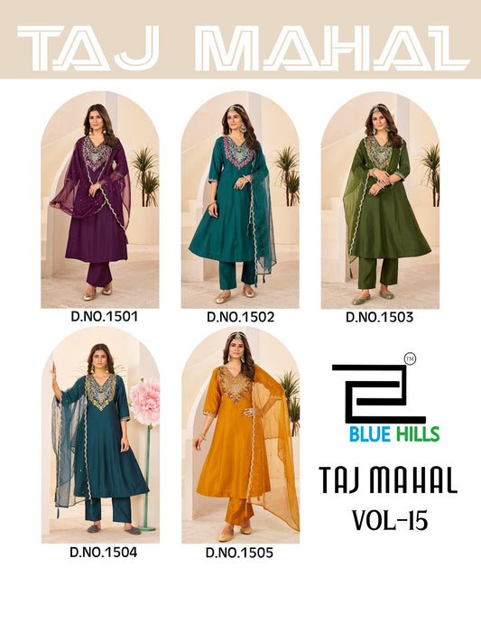 Taj Mahal Vol 15 Blue Hills Roman Silk Readymade Anarkali Suits Wholesale Rate