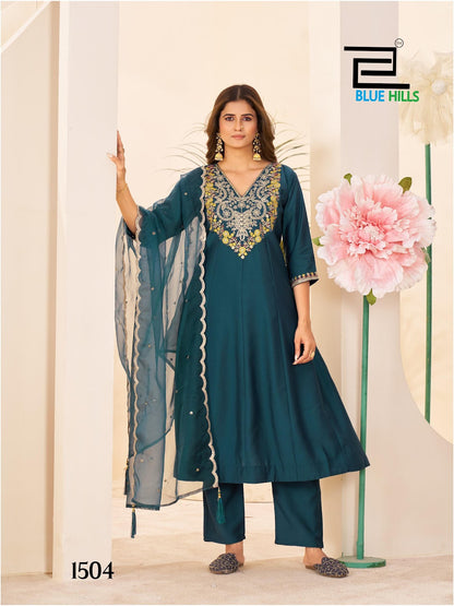 Taj Mahal Vol 15 Blue Hills Roman Silk Readymade Anarkali Suits Wholesale Rate