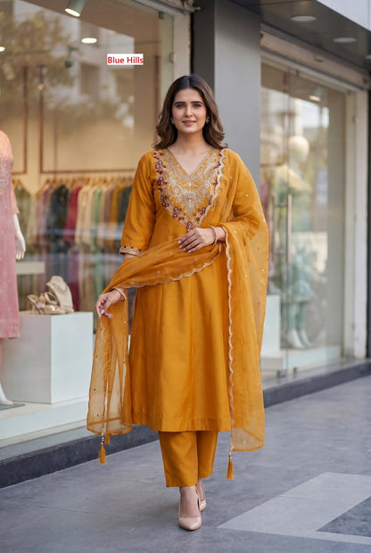 Taj Vol 1 Blue Hills Roman Silk Readymade Pant Style Suits Supplier Ahmedabad