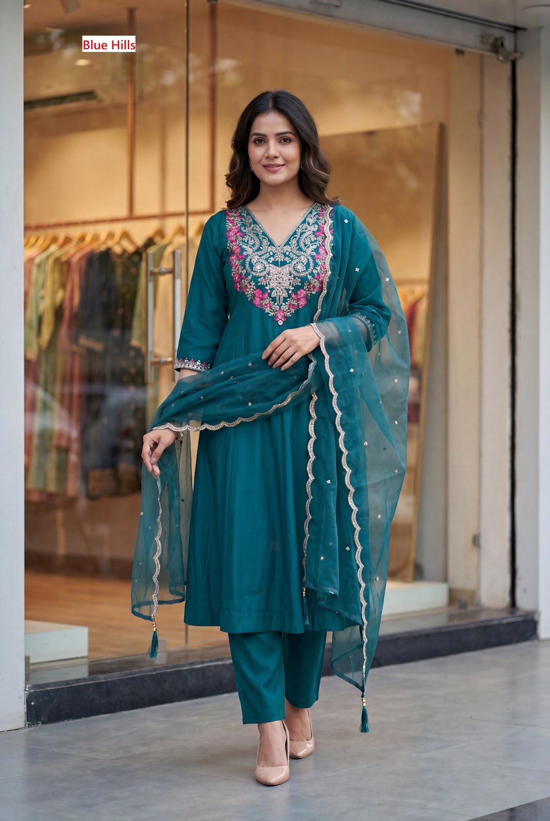 Taj Vol 1 Blue Hills Roman Silk Readymade Pant Style Suits Supplier Ahmedabad