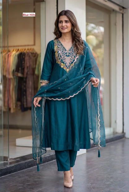 Taj Vol 1 Blue Hills Roman Silk Readymade Pant Style Suits Supplier Ahmedabad
