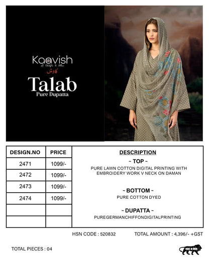 Talab Kaavish Lawn Cotton Pant Style Suits Manufacturer Ahmedabad