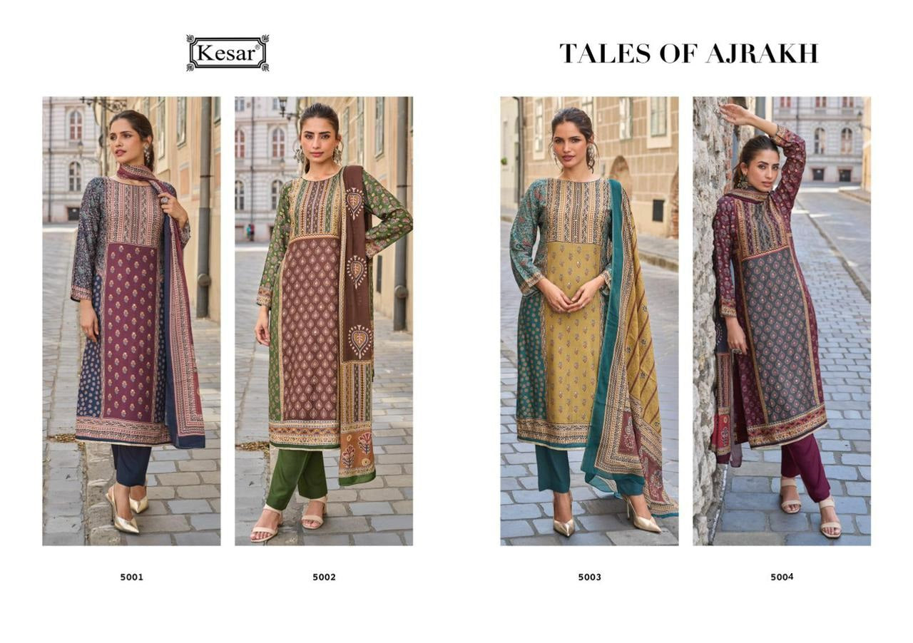 Tales Of Ajrakh Dn 5001-5004 Kesar Viscose Muslin Pant Style Suits Manufacturer