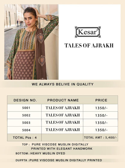 Tales Of Ajrakh Dn 5001-5004 Kesar Viscose Muslin Pant Style Suits Manufacturer