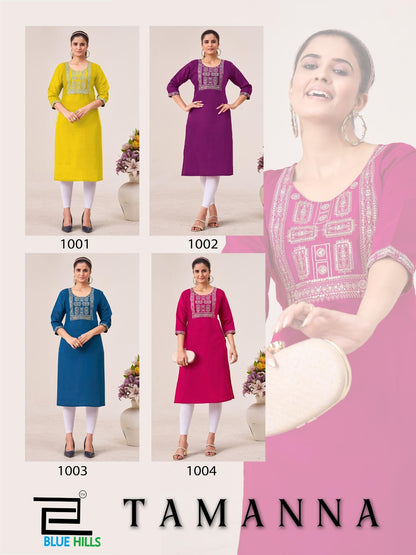 Tamanna Blue Hills Roman Silk Knee Length Kurtis Wholesaler Ahmedabad
