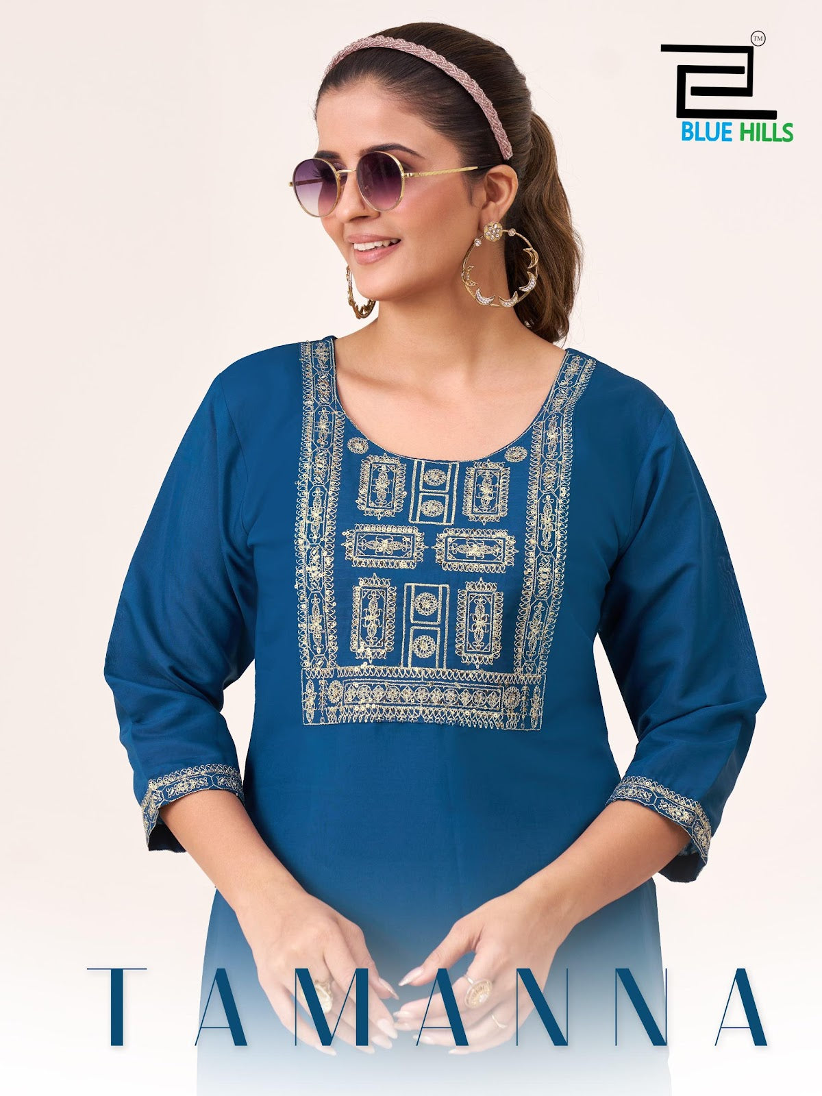 Tamanna Blue Hills Roman Silk Knee Length Kurtis Wholesaler Ahmedabad