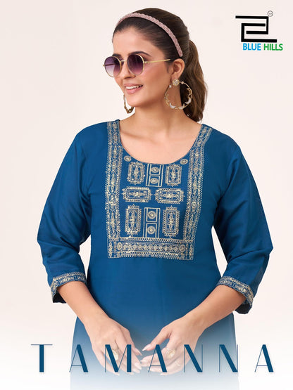 Tamanna Blue Hills Roman Silk Knee Length Kurtis Wholesaler Ahmedabad