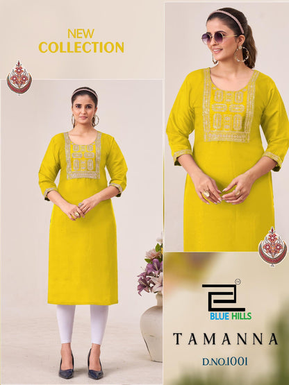 Tamanna Blue Hills Roman Silk Knee Length Kurtis Wholesaler Ahmedabad