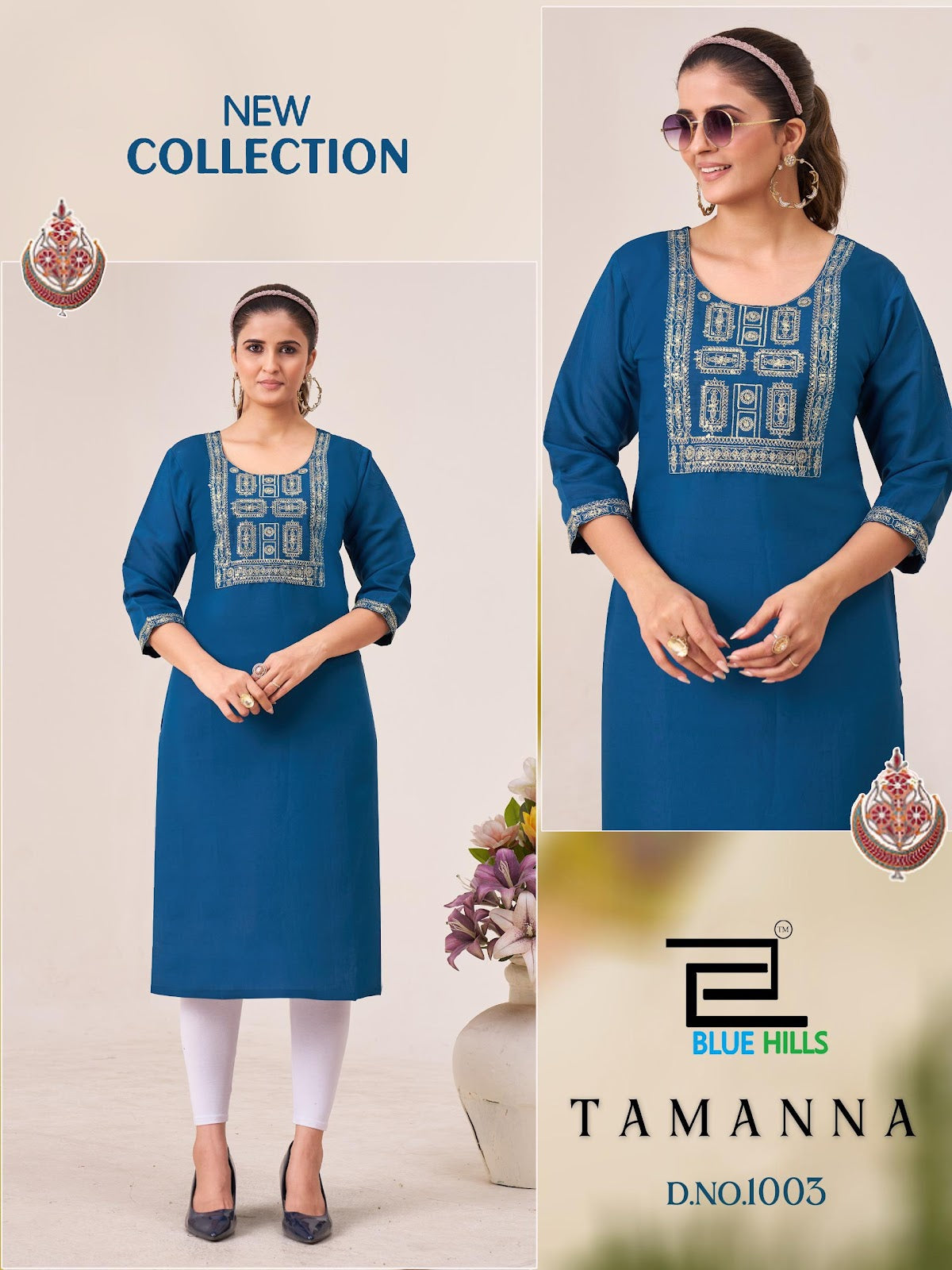 Tamanna Blue Hills Roman Silk Knee Length Kurtis Wholesaler Ahmedabad