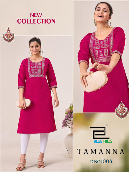 Tamanna Blue Hills Roman Silk Knee Length Kurtis Wholesaler Ahmedabad