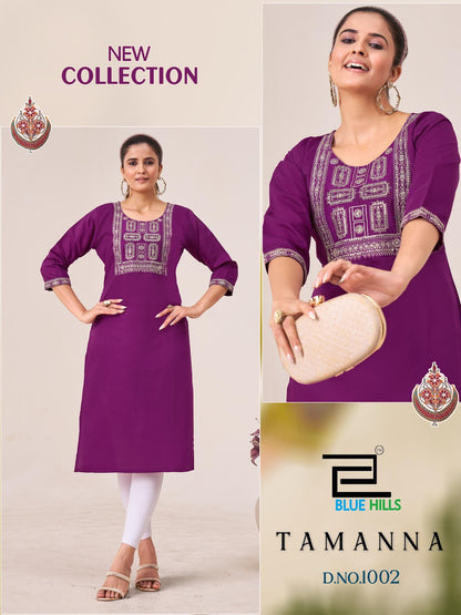 Tamanna Blue Hills Roman Silk Knee Length Kurtis Wholesaler Ahmedabad