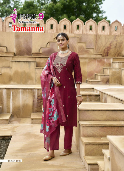 Tamanna Vol 1 Mystic 9 Banglore Silk Dobby Readymade Pant Style Suits Exporter Gujarat