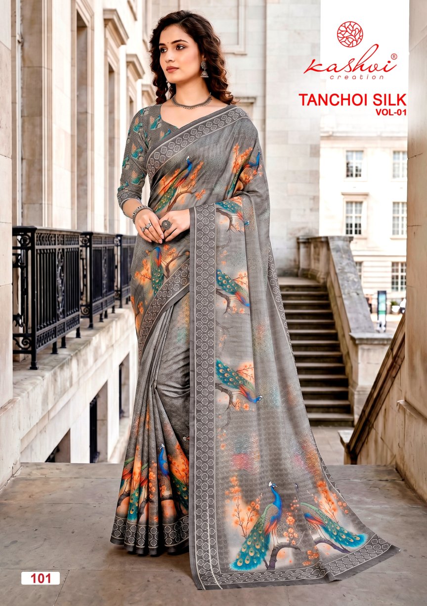 Tanchoi Silk Vol 1 Kashvi Creation Dull Moss Sarees Wholesale