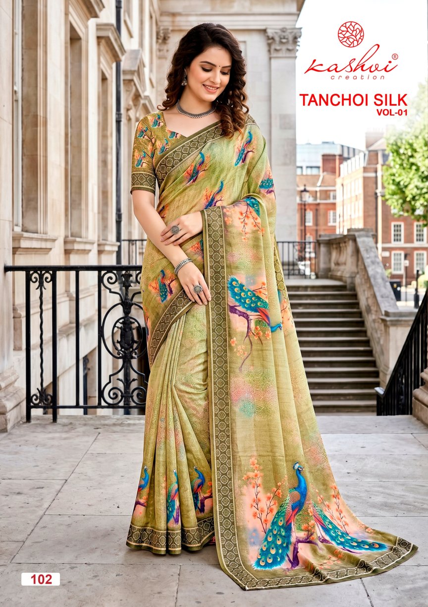 Tanchoi Silk Vol 1 Kashvi Creation Dull Moss Sarees Wholesale