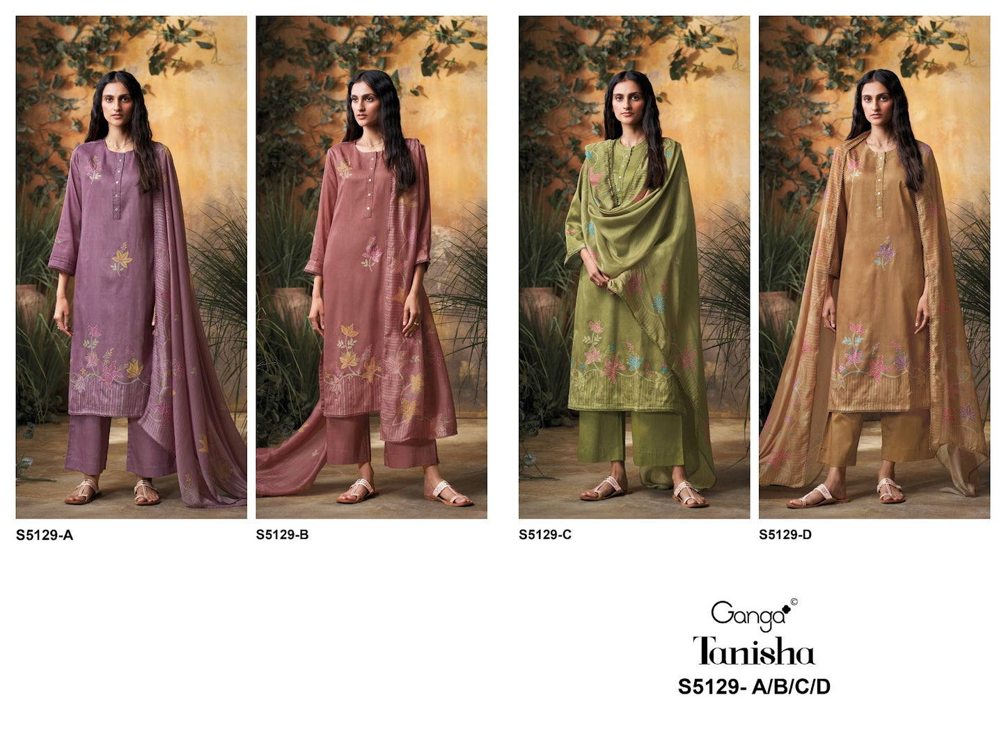 Tanisha S5129 Ganga Cotton Satin Pant Style Suits Wholesaler Ahmedabad