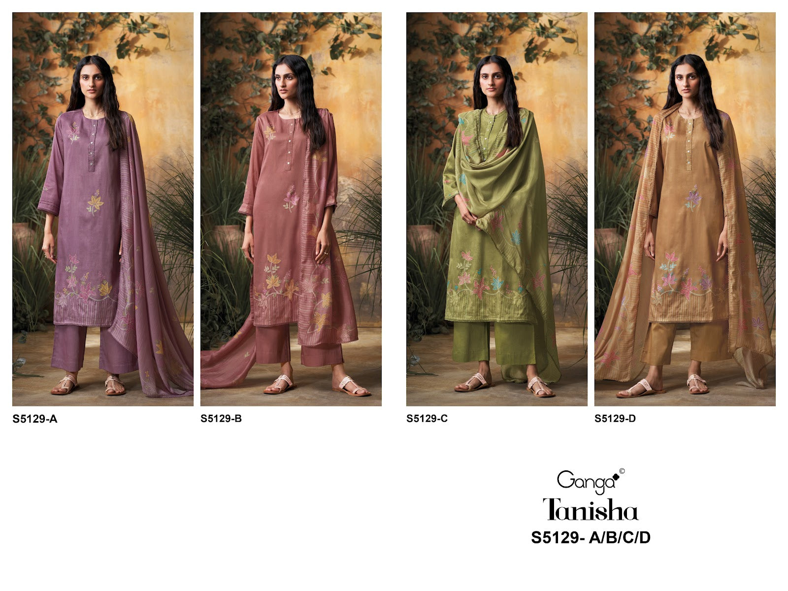 Tanisha S5129 Ganga Cotton Satin Pant Style Suits Wholesaler Ahmedabad