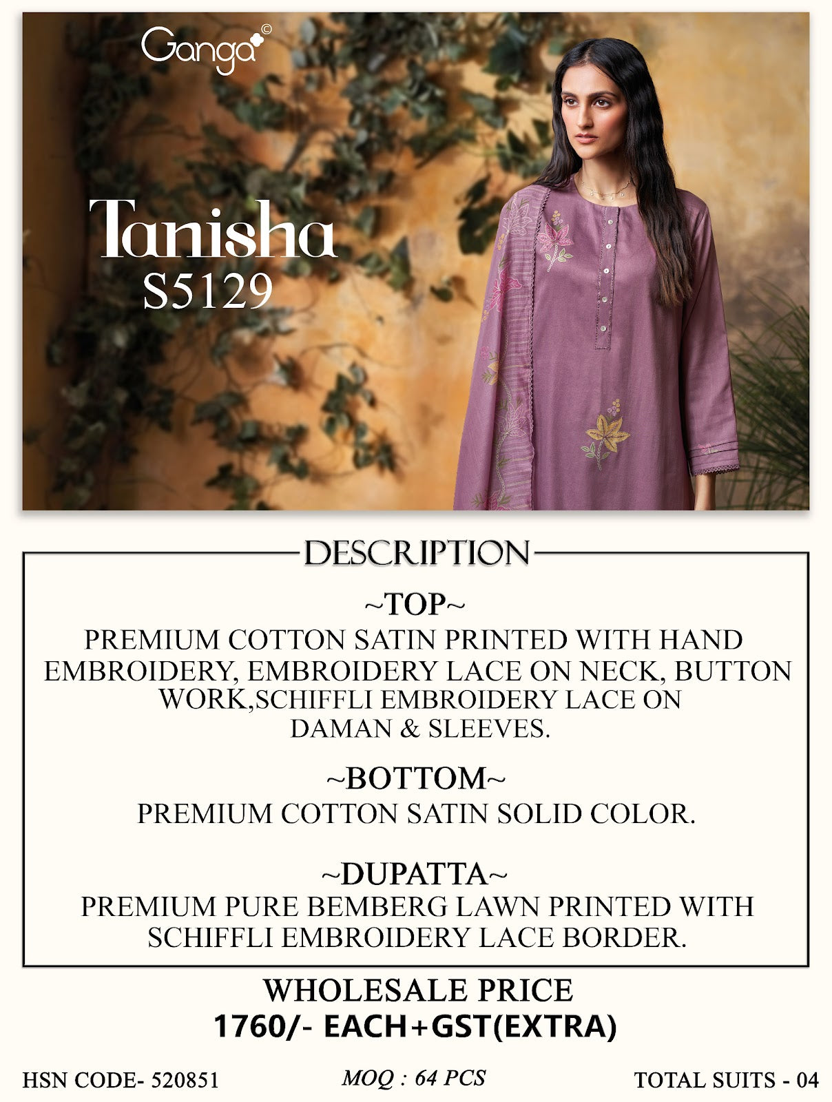 Tanisha S5129 Ganga Cotton Satin Pant Style Suits Wholesaler Ahmedabad