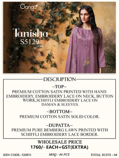 Tanisha S5129 Ganga Cotton Satin Pant Style Suits Wholesaler Ahmedabad