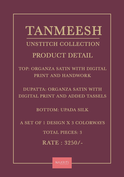 Tanmeesh Naariti Organza Pant Style Suits Wholesaler Gujarat
