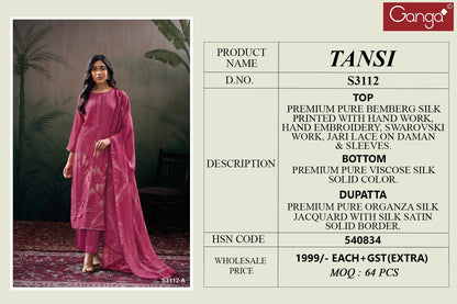 Tansi 3112 Ganga Premium Bemberg Plazzo Style Suits Manufacturer Gujarat