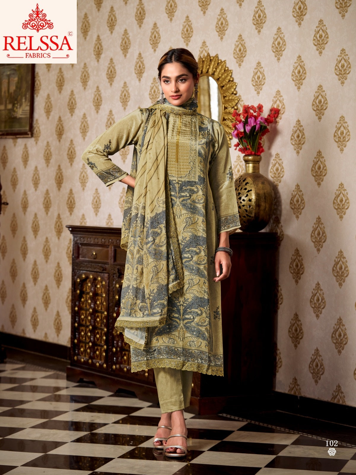 Tarim Relssa Fabrics Natural Crape Pant Style Suits Wholesaler India
