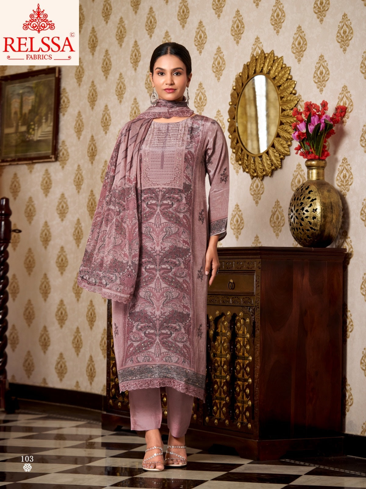 Tarim Relssa Fabrics Natural Crape Pant Style Suits Wholesaler India