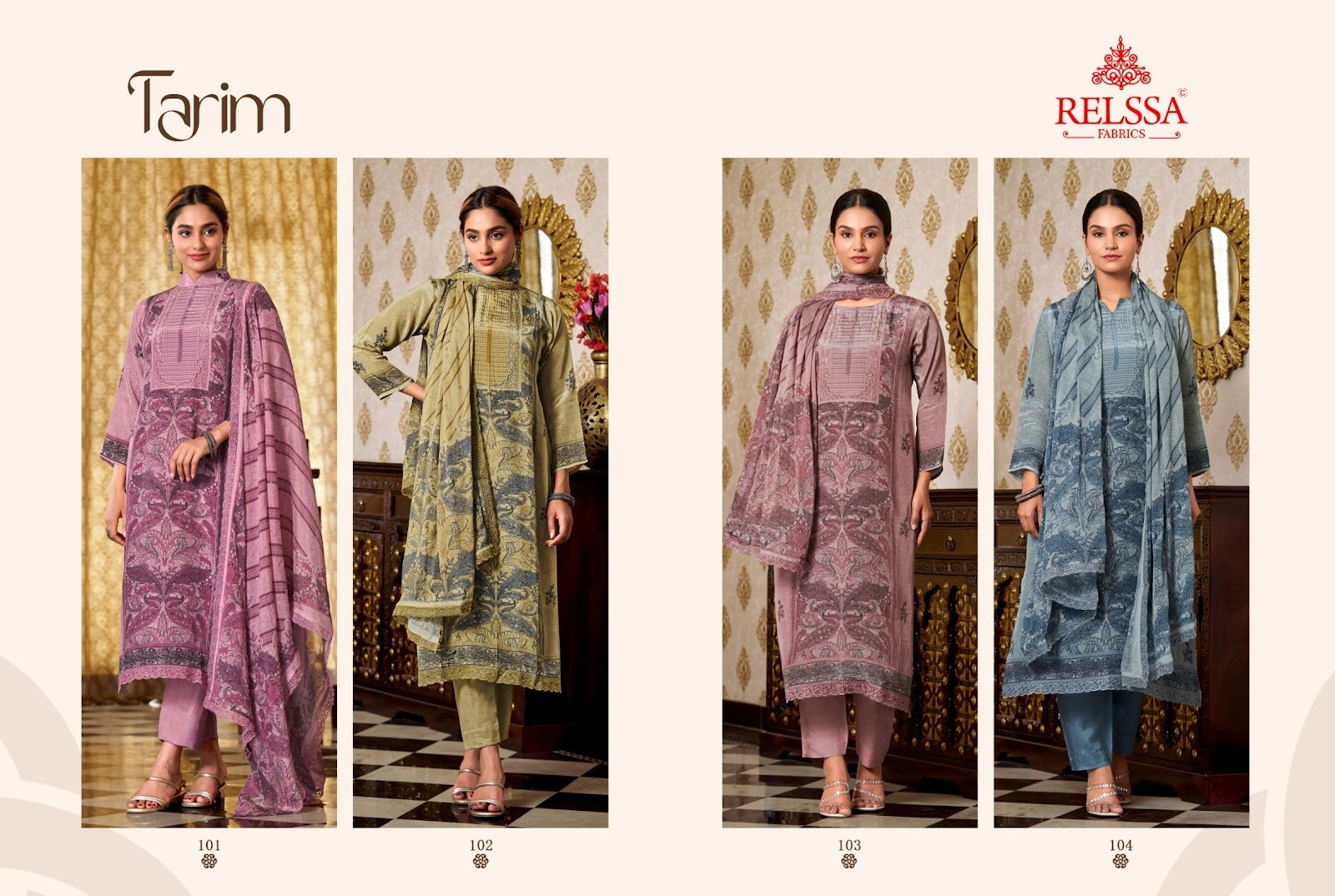 Tarim Relssa Fabrics Natural Crape Pant Style Suits Wholesaler India