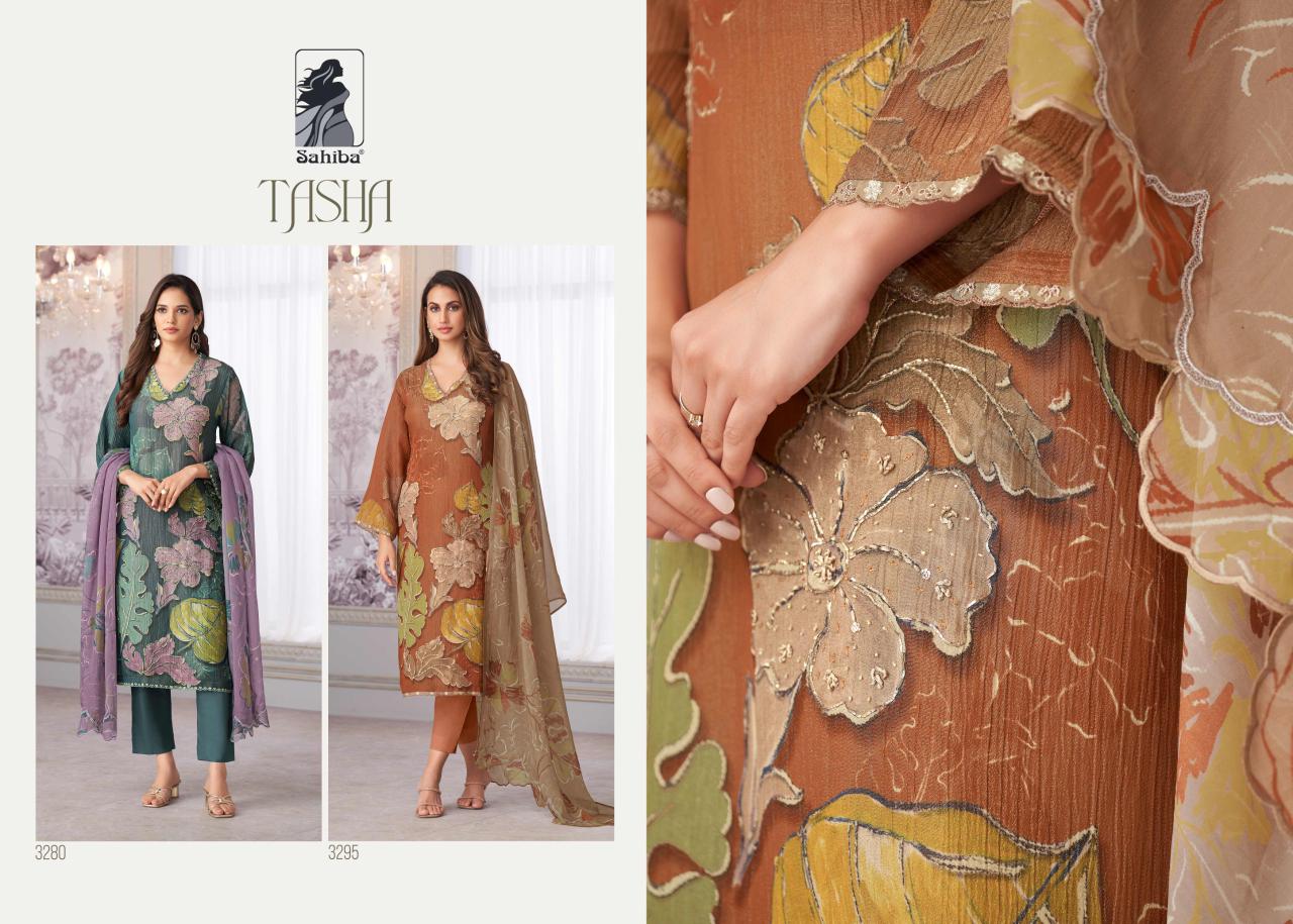 Tasha Sahiba Simmer Tissue Pant Style Suits Wholesaler Ahmedabad