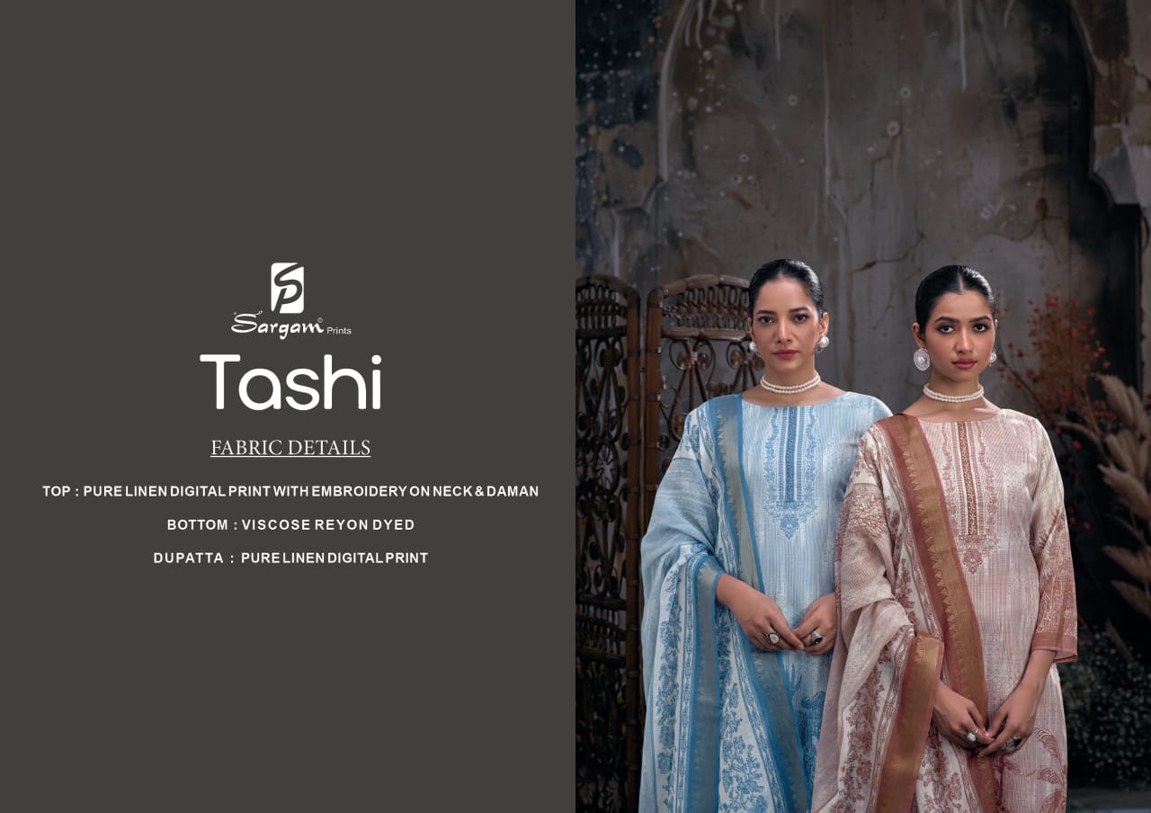 Tashi Sargam Prints Pure Linen Pant Style Suits Manufacturer Gujarat