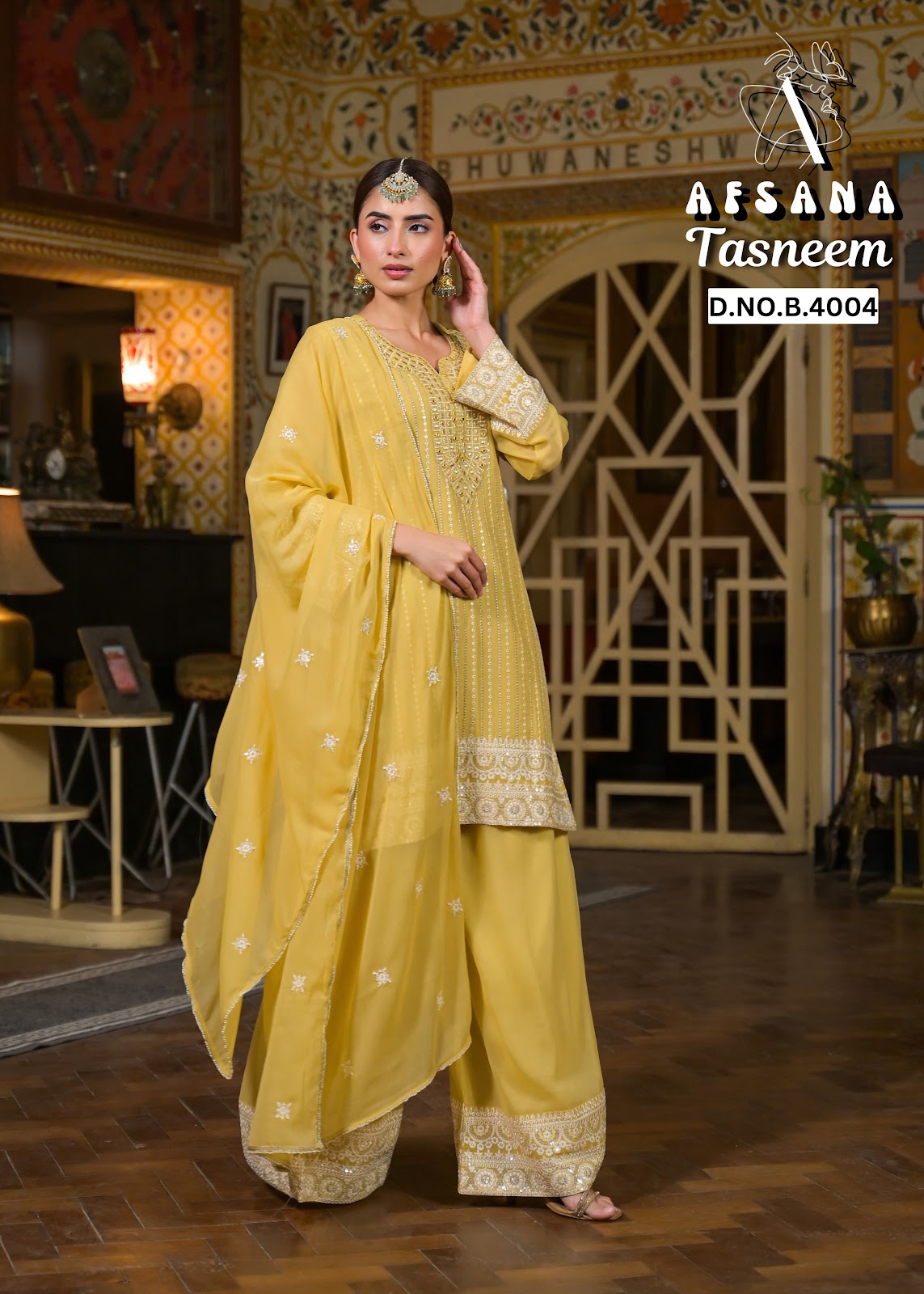 तस्नीम अफसाना जॉर्जेट रेडीमेड प्लाज़ो स्टाइल सूट थोक