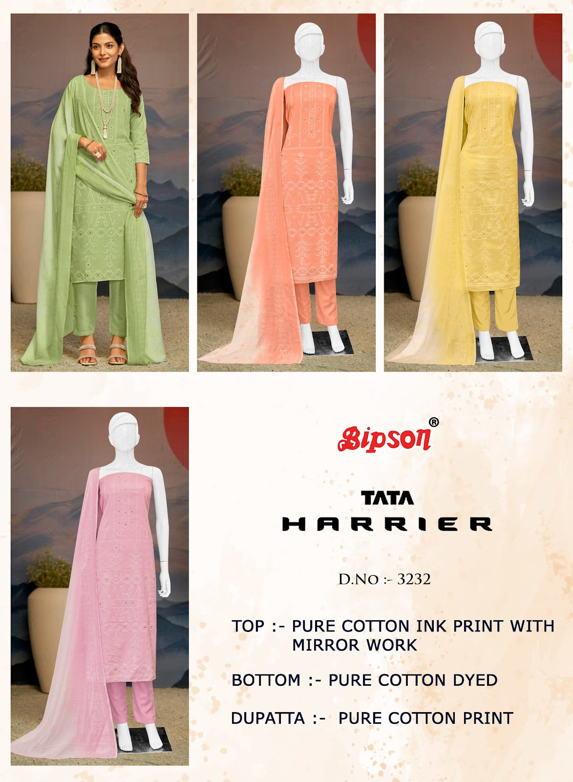 Tata Harrier 3232 Bipson Prints Pure Cotton Pant Style Suits Exporter India