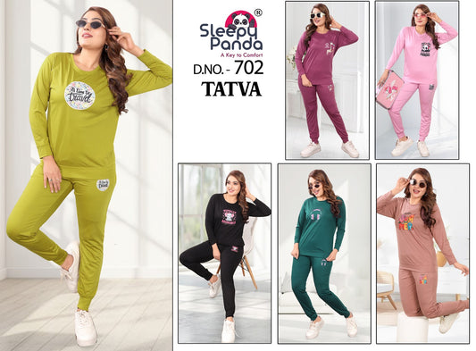 Tatva 702 Sleepy Panda Tencil Lycra Full Sleeve Night Suits Supplier India