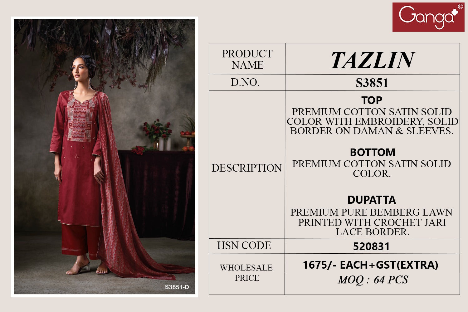 Tazlin 3851 Ganga Premium Cotton Plazzo Style Suits Wholesaler Gujarat