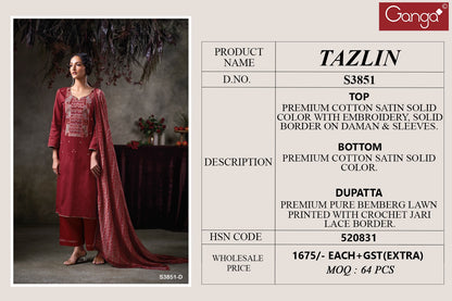 Tazlin 3851 Ganga Premium Cotton Plazzo Style Suits Wholesaler Gujarat