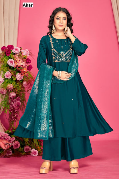 Teal Colour Aksr Readymade Plazzo Style Suits Exporter