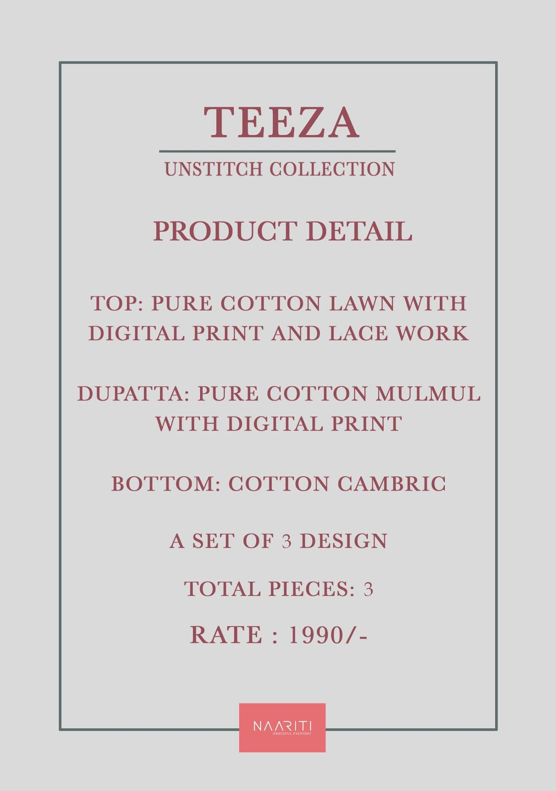 Teeza Naariti Lawn Cotton Pakistani Salwar Suits Supplier Ahmedabad