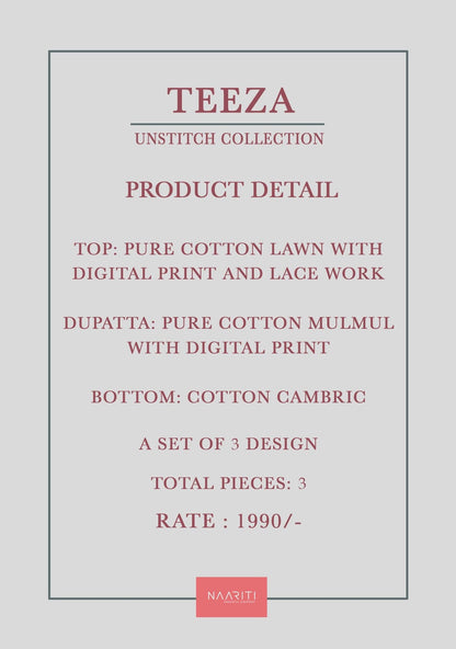Teeza Naariti Lawn Cotton Pakistani Salwar Suits Supplier Ahmedabad
