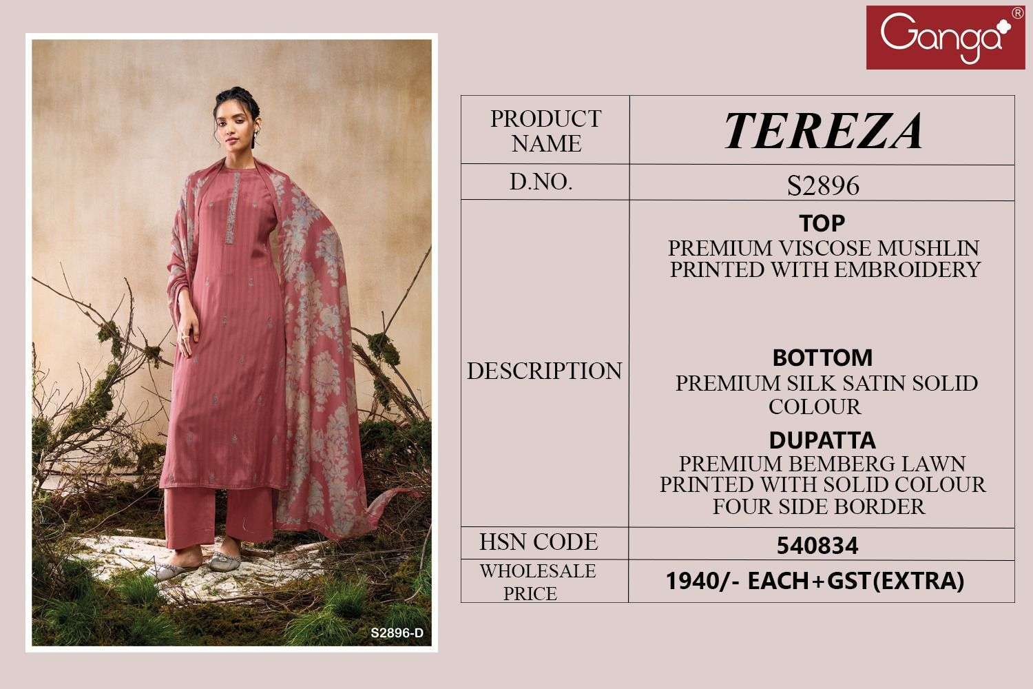 Tereza 2896 Ganga Premium Viscose Plazzo Style Suits Supplier India