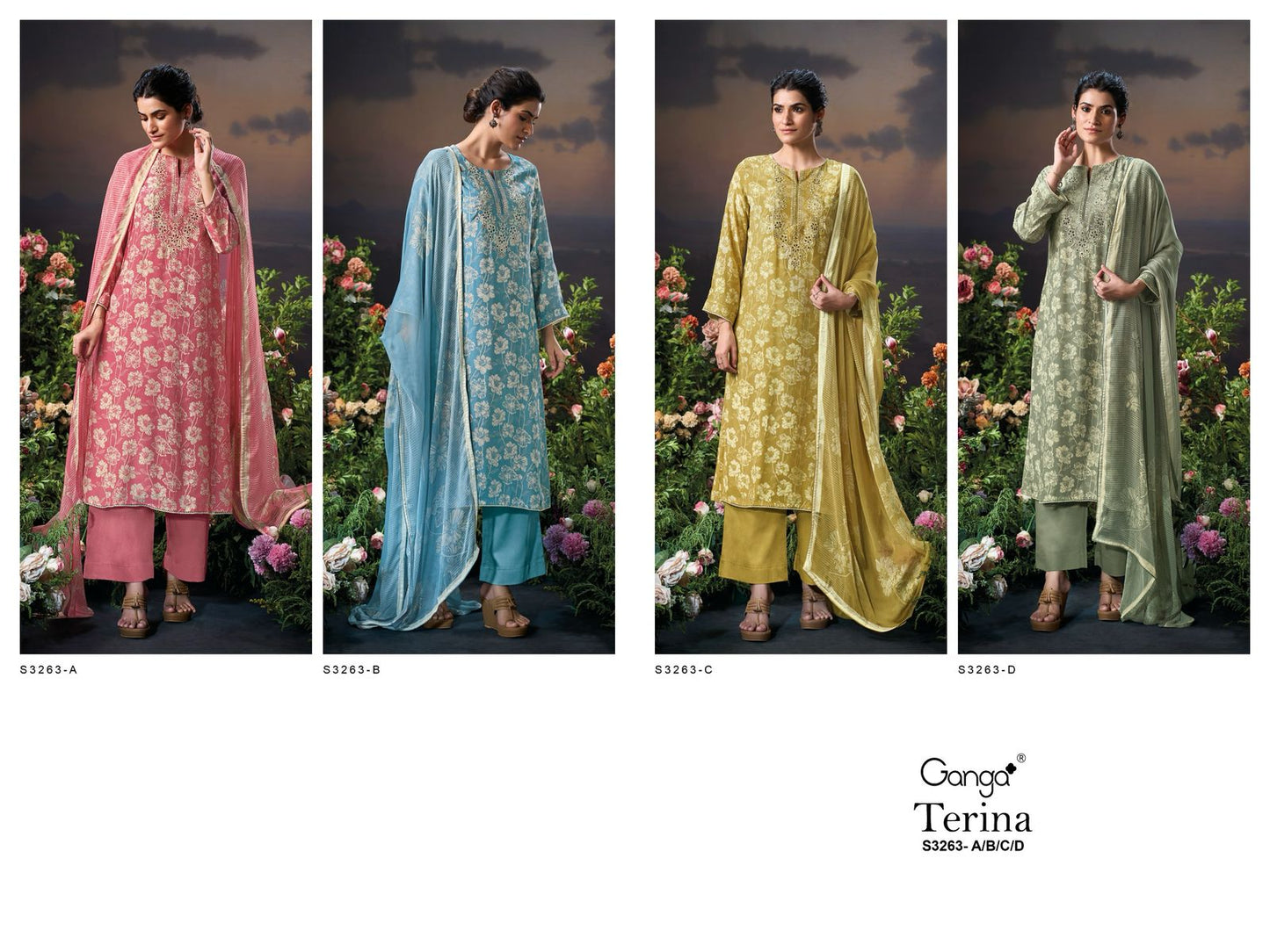 Terina 3263 Ganga Pure Viscose Muslin Plazzo Style Suits Wholesaler