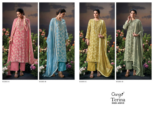 Terina 3263 Ganga Pure Viscose Muslin Plazzo Style Suits Wholesaler