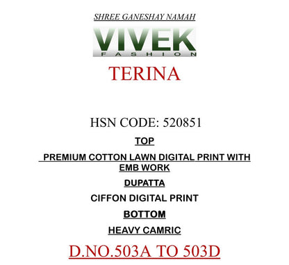 Terina Vivek Lawn Cotton Pant Style Suits Wholesaler