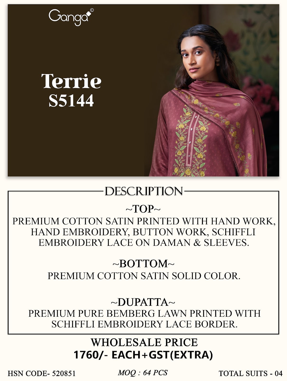 Terrie S5144 Ganga Cotton Satin Plazzo Style Suits Manufacturer Gujarat