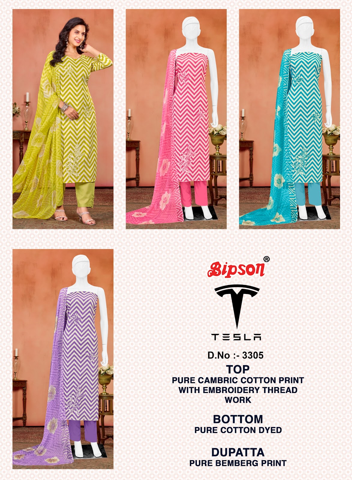 Tesla 3305 Bipson Prints Pure Cotton Pant Style Suits Exporter India