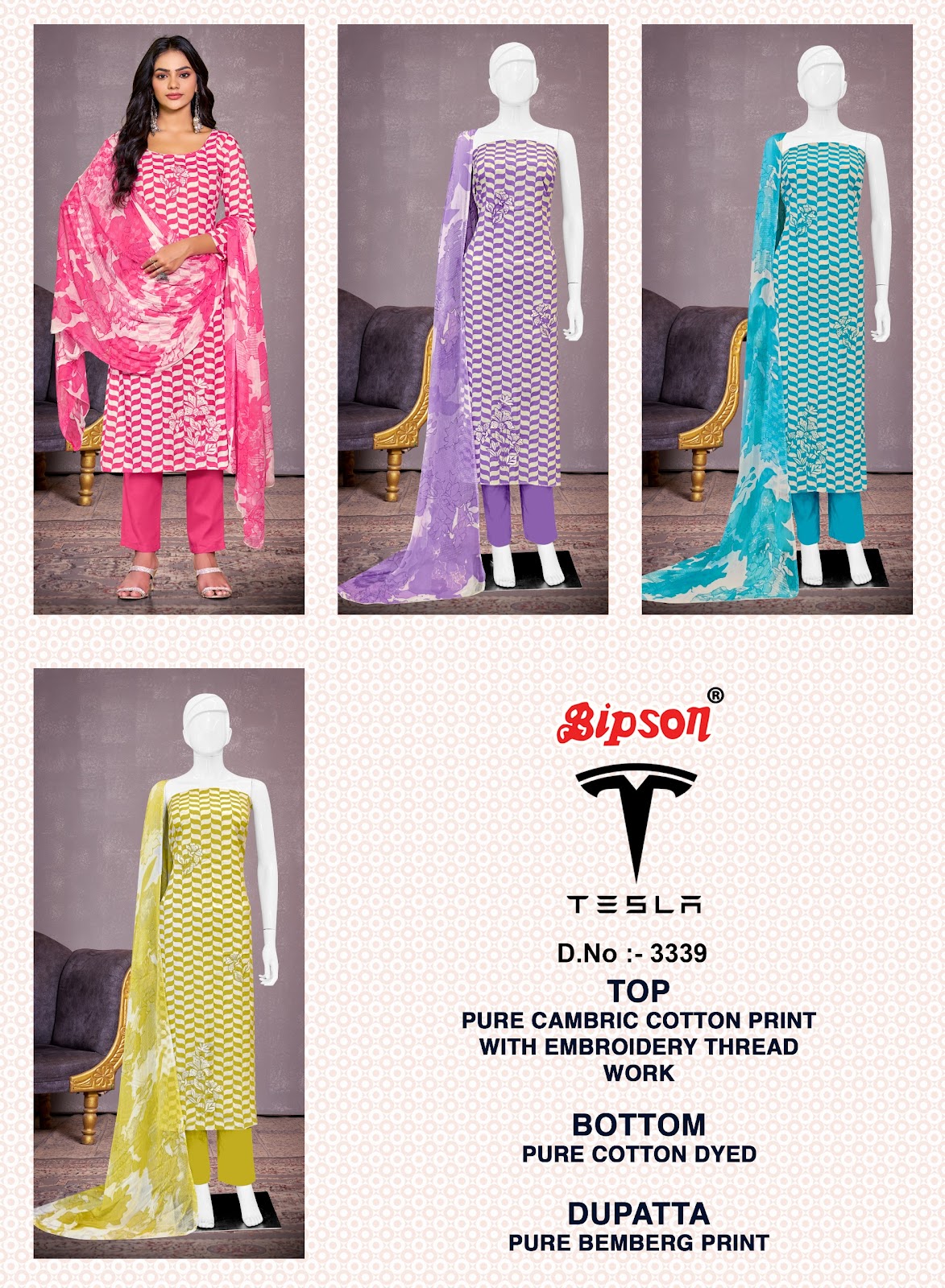 Tesla 3339 Bipson Prints Pure Cotton Pant Style Suits Wholesale