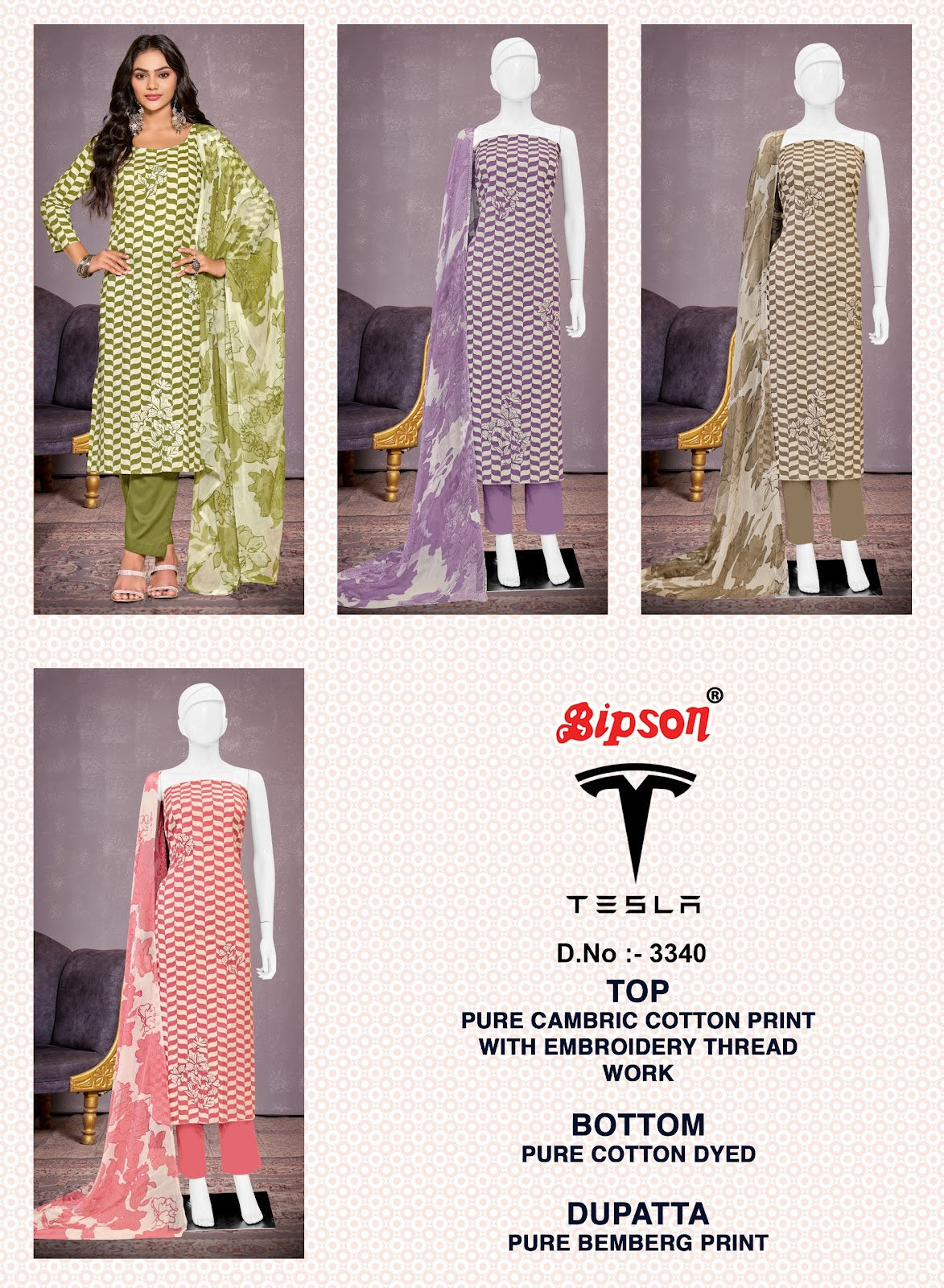 Tesla 3340 Bipson Prints Pure Cotton Pant Style Suits Wholesaler Gujarat