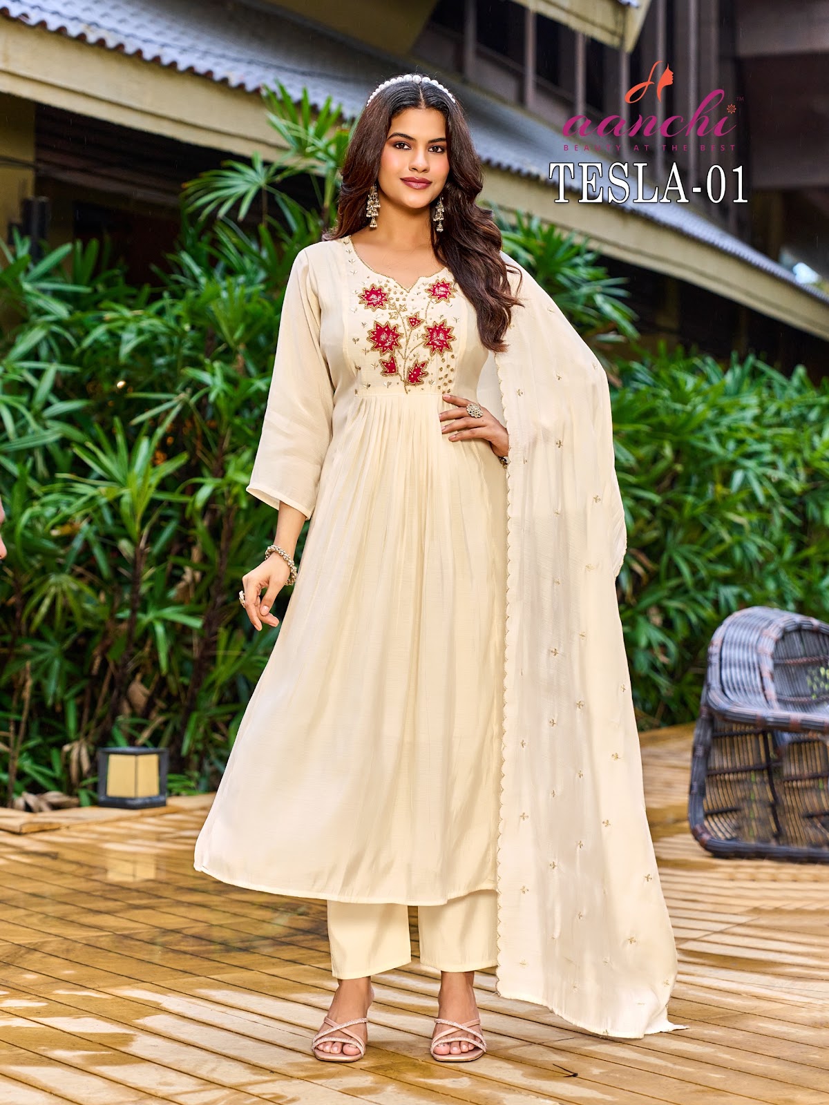 Tesla Aanchi Mul Chanderi Readymade Anarkali Suits Supplier Ahmedabad