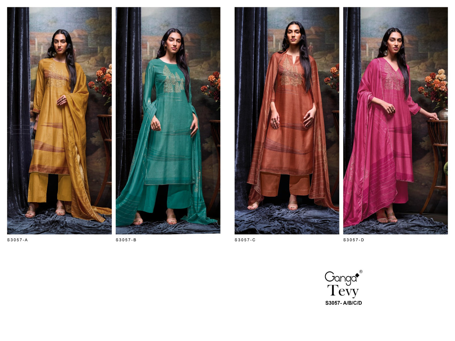 Tevy 3057 Ganga Bemberg Silk Plazzo Style Suits Supplier