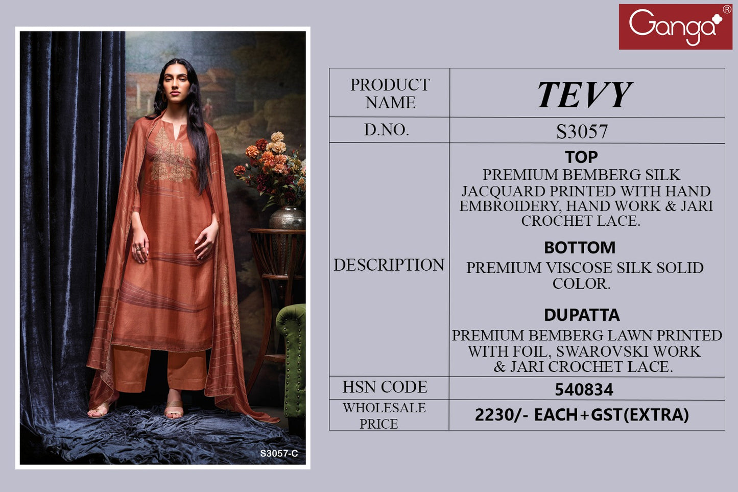 Tevy 3057 Ganga Bemberg Silk Plazzo Style Suits Supplier